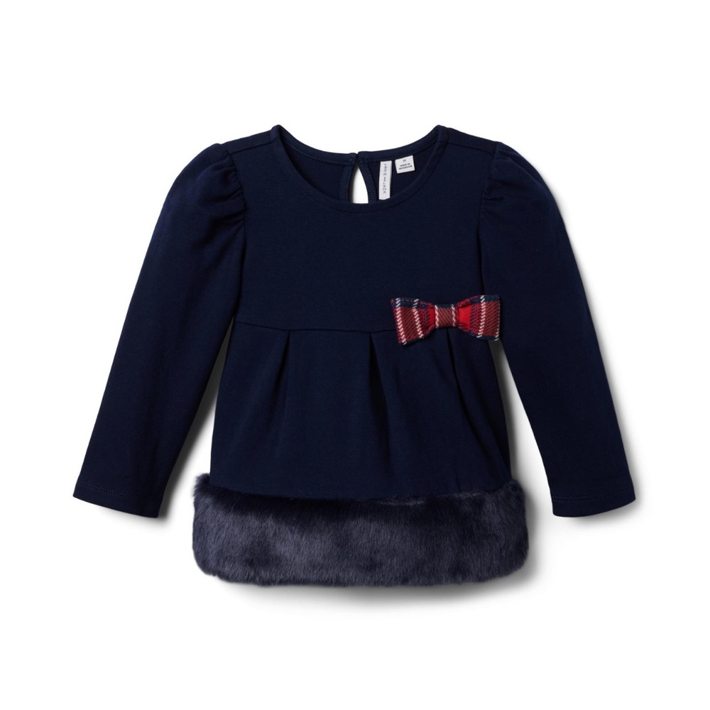 Janie & Jack girl 12-18 month faux fur trim bow top in Navy blue
